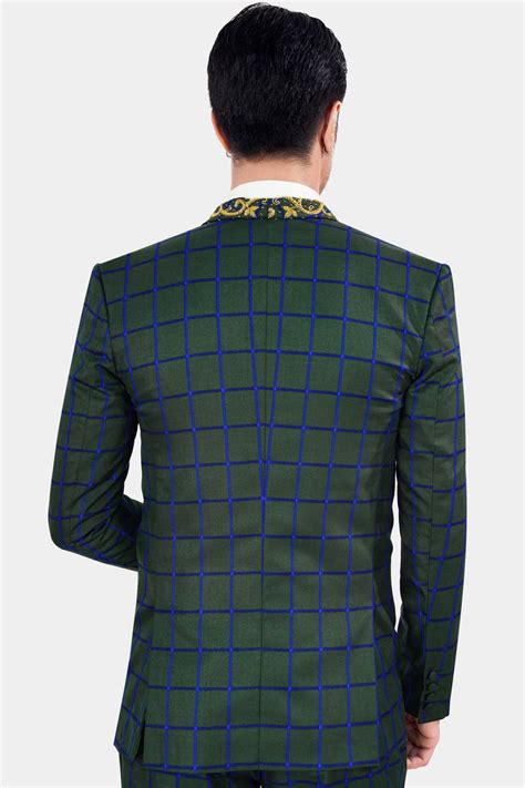 Kombu Green Checks-Plaid Premium Wool Blend Tuxedo-Blazer for Men.