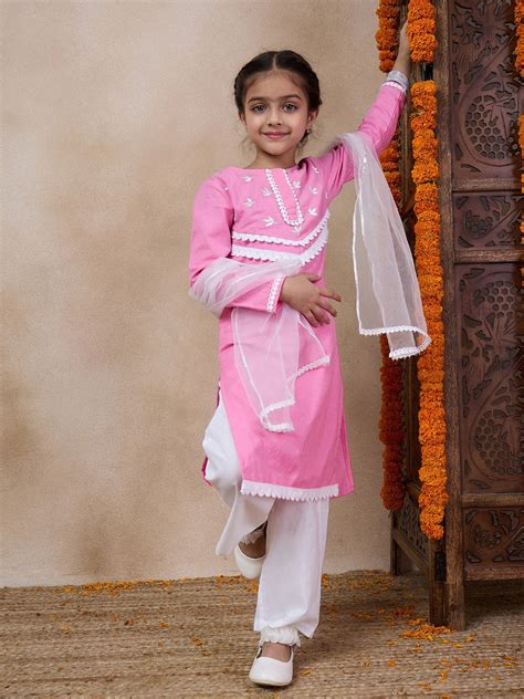 Buy Girls Floral Embroidered Round Neck Straight Kurta