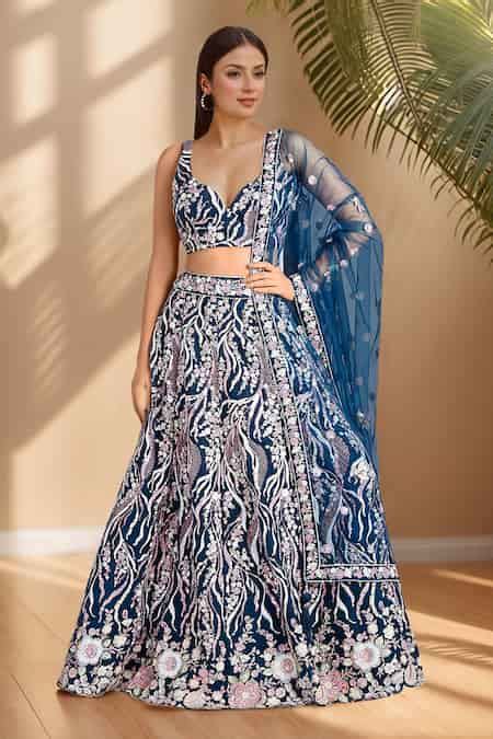 Buy Blue Net, Linen Sequins, Stones, Zari, Embroidery Navy Floral Vine ...