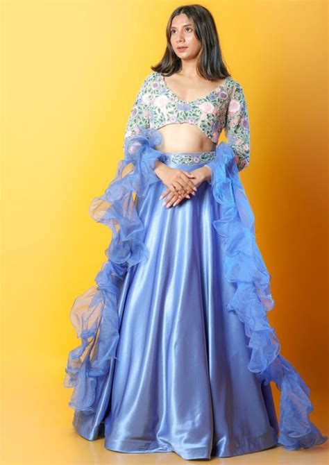 Blue Satin Lehenga And Blouse With Heavily Embroidered Colourful Sprin ...