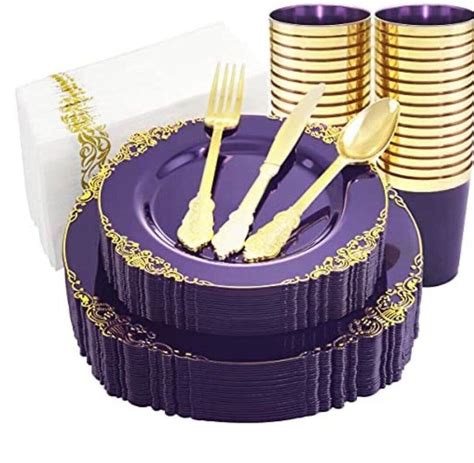 Disposable Plastic purple and gold 175 piece elegant pattern dinnerware ...