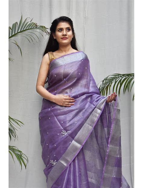 Violet Hand Work Tissue Pure Linen Sarees – Dailybuyys