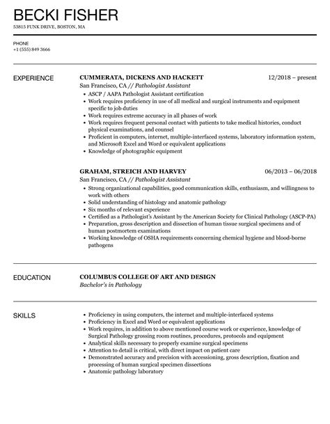 Pathologist Assistant Resume Samples | Velvet Jobs