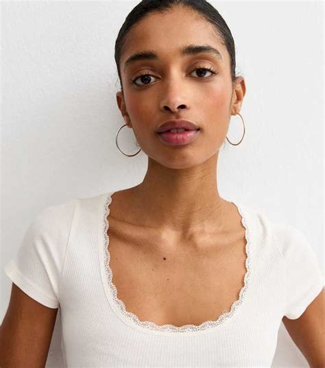 Cream Lace Trim Scoop Neck T-Shirt | New Look