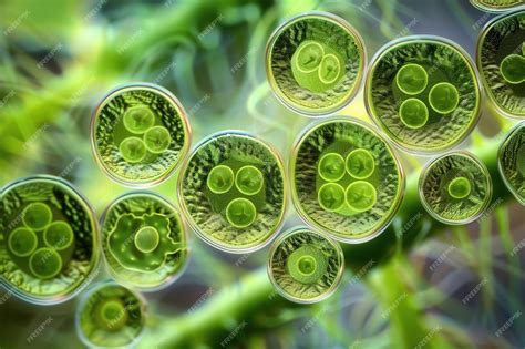 Magnified image of green algae cells revealing their delicate cell ...