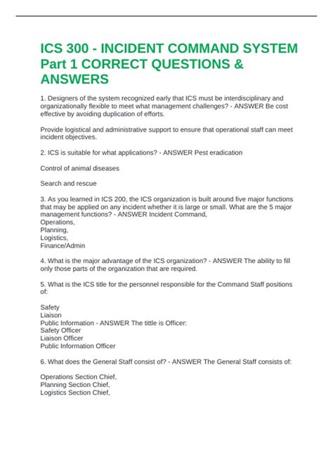 ICS 300 - INCIDENT COMMAND SYSTEM Part 1 CORRECT QUESTIONS & ANSWERS - ICS 300 - Stuvia US