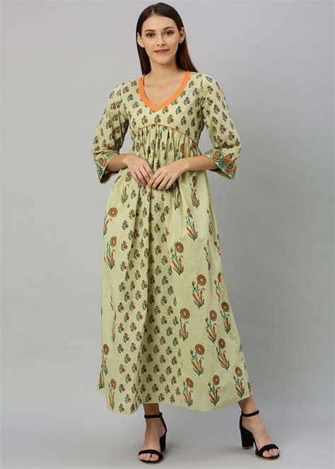 Get Contrast Neckline Detail Floral Printed Green Dress at ₹ 691 | LBB Shop