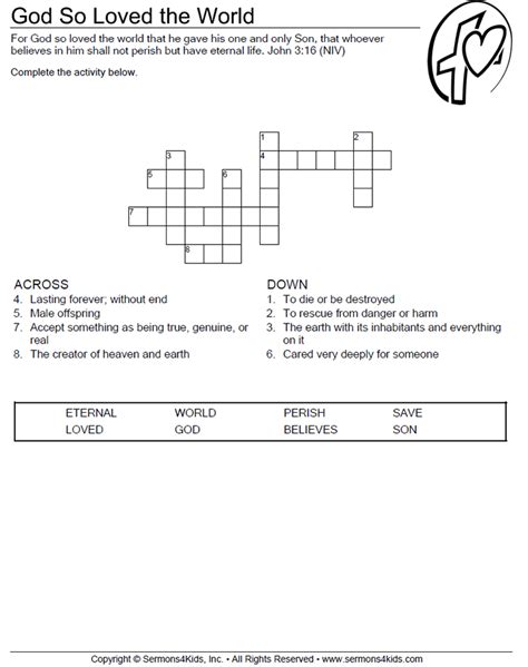 God So Loved the World - Crossword Puzzle for Children