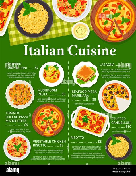 Italian cuisine menu food pasta, pizza and risotto dishes, vector Italy ...