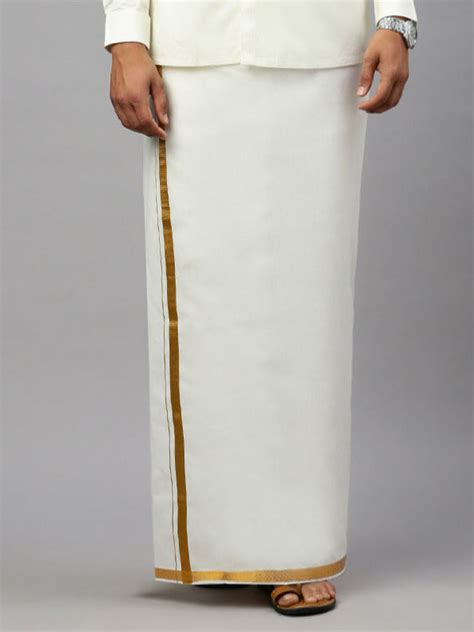Men Cotton Blend Readymade Double Layer Cream Dhoti with Jari Border ...