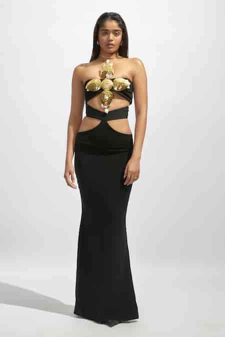 Buy Black Faux Leather Halter Fleur Jewellery Embellished Cutout Tube ...