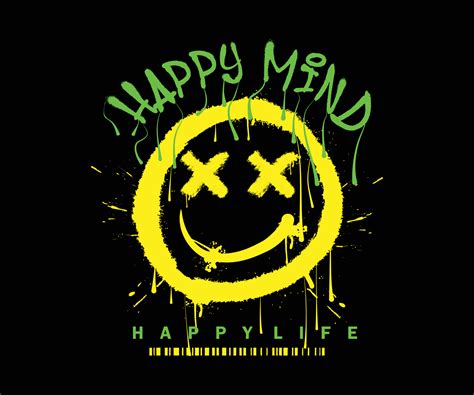 Happy mind, happy life custom typography slogan print design with dripping smiley face emoji ...