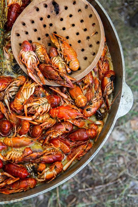 Boiled red crayfish or crawfish with herbs. Crayfish boiling in the pot ...