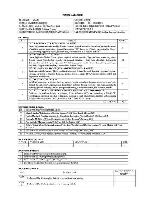 CIS ML - nil - COURSE DATA SHEET PROGRAM: AI&DS DEGREE: B COURSE ...