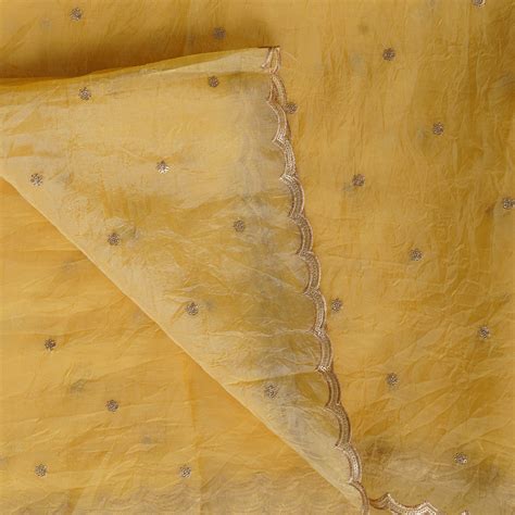 Craepe Tissue Yellow With Tiny Sequincs Flower Fabric – Sanskruti