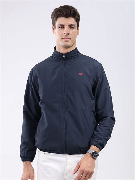 Buy Men Navy Blue Solid Stand Collar Full Sleeve Jacket Online in India ...
