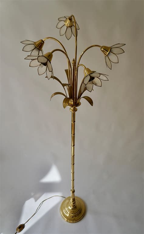 Bamboo Brass Palm Leave Floor Lamp with Capiz Shade For Sale at 1stDibs