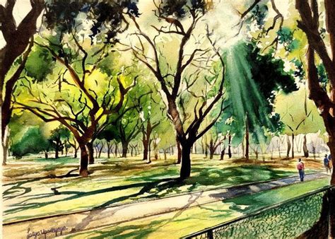 "Dappled Light": Green Watercolor Painting by Lasya Upadhyaya | ArtZolo.com