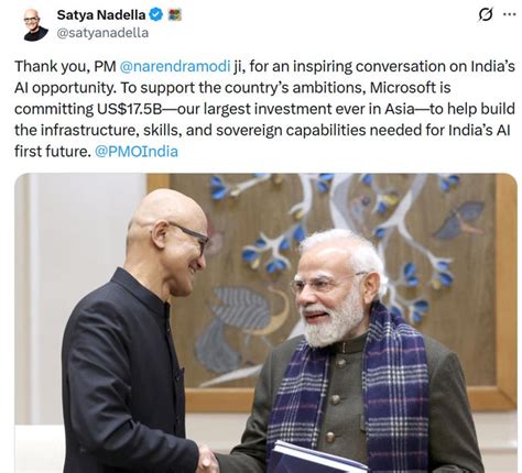 Largest investment in Asia: Microsoft CEO Satya Nadella announces $17.5 ...