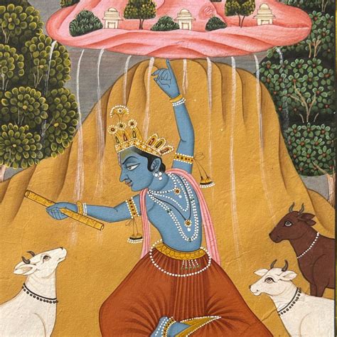 Vintage Indian Miniature Painting – Krishna Lifting Govardhan, Natural Stone Pigments on Wasli ...