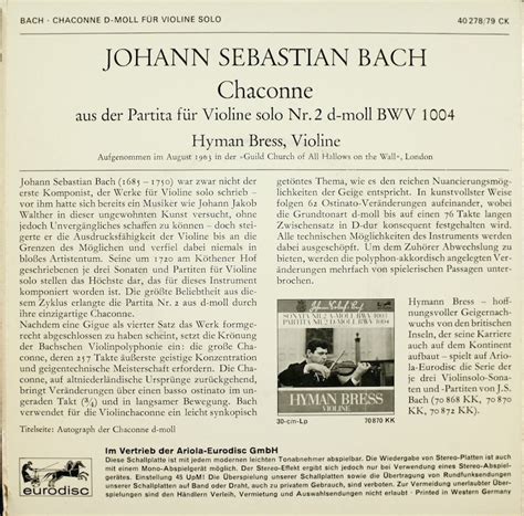 Hyman Bress. Bach. Chaconne d-moll für Violine Solo – Bertelsmann Vinyl ...