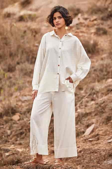 Buy Off White Linen Heer Wide Legged Pant For Women by Kharakapas ...