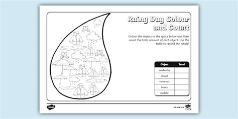 Rainy Day Colour and Count Worksheet (teacher made) - Twinkl