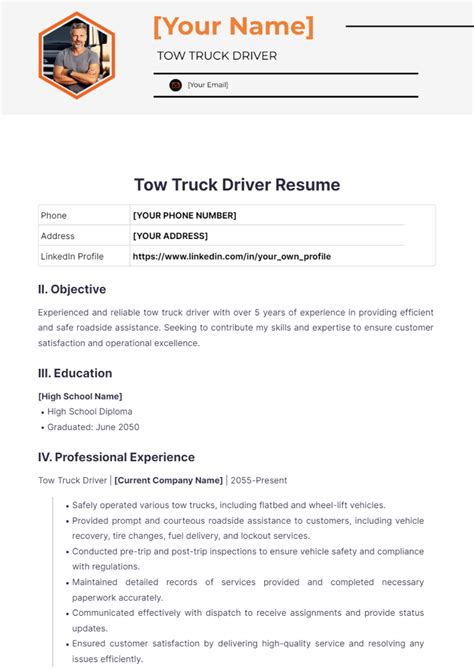 Tow Truck Driver Resume - Edit Online & Download Example | Template.net