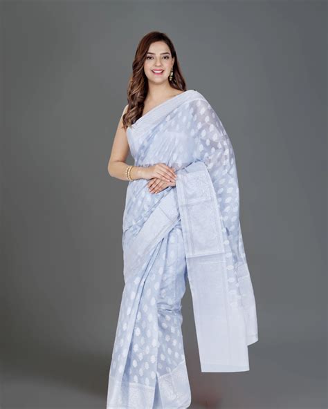 Sky Blue Banarasi Cotton Saree with Ornate Border – Rasofab