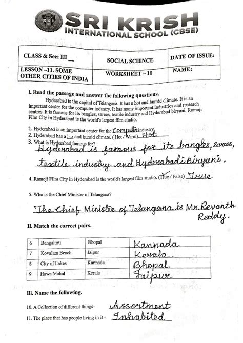 Social Science Lesson: Worksheet 10 - Other Cities of India (SKI ...