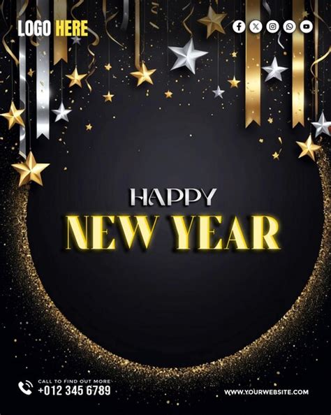 A black background with gold stars and a circle with the words happy ...