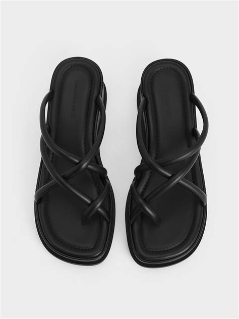 Black Strappy Tubular Wedge Sandals - Black - CHARLES & KEITH IN