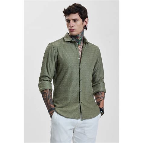 Buy Snitch Mens Olive Textured Full Sleeves Slim Casual Shirt Online