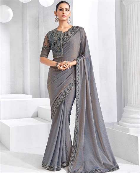 Grey plain designer saree, scallop embroidered border, self-pallu, and