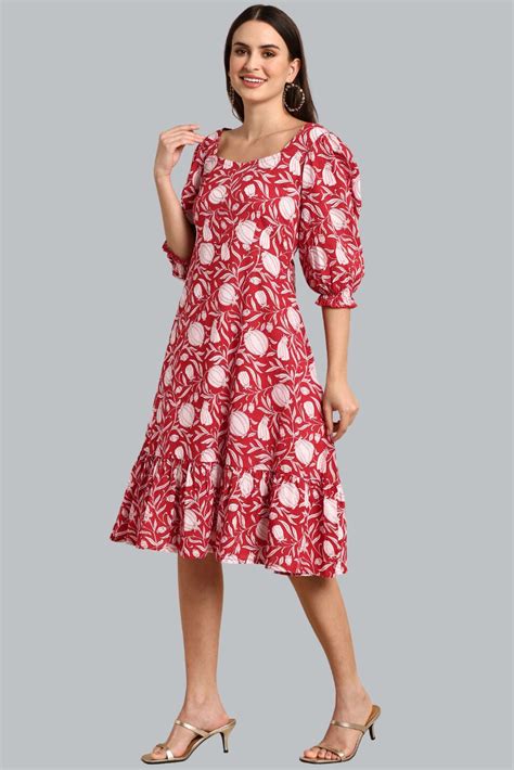 Red Cotton Floral A-Line Western Dress – Style Like A Diva