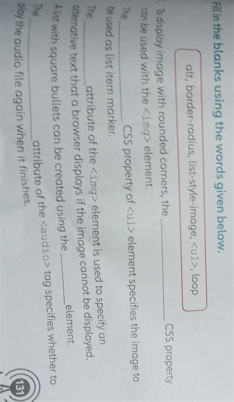 B. Fill in the blanks using the words given below. alt, border-radius ...