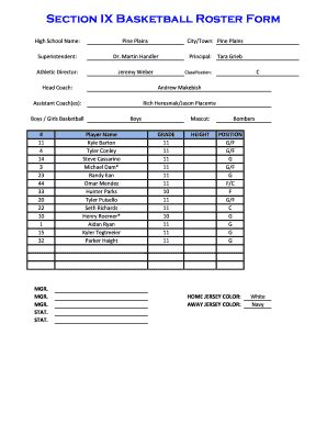 Fillable Online Section IX Basketball Roster Form CityTown Pine Plains ...