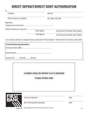 DIRECT DEPOSIT/DIRECT DEBIT AUTHORIZATION - First Bank - Fill and Sign ...