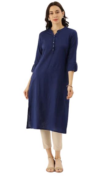 Divena Blue Solid Straight Roll up Sleeve Kurti