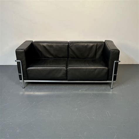 Mid-Century Modern LC2 Sofa by Le Corbusier, Black Leather, Two Seater ...