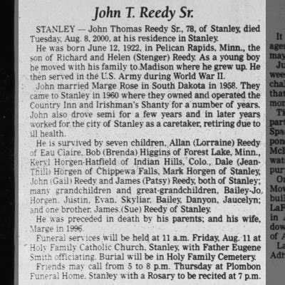 Reedy Jerald T 1st hus of Orlie (Seim) listed as John T obit Chippewa ...