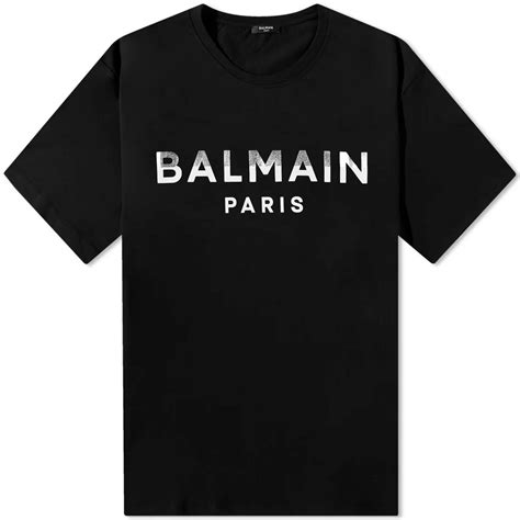 Balmain Men's Foil Paris Logo T-Shirt in Black/Silver/Cream Balmain