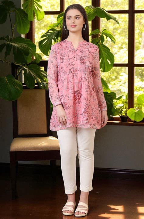 Buy Pink Floral Printed Pintuck Yoke Organza Straight Short Kurti ...