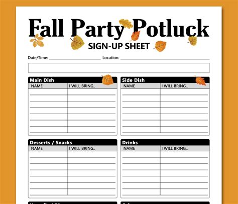 Fall Party Potluck Sign up Sheet Printable, Signup Form, Fall Potluck Dinner Brunch Lunch ...