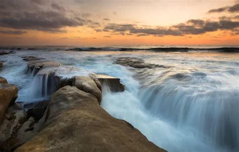 Wallpaper sea, wave, the sky, clouds, sunset, stones, rocks, shore for ...