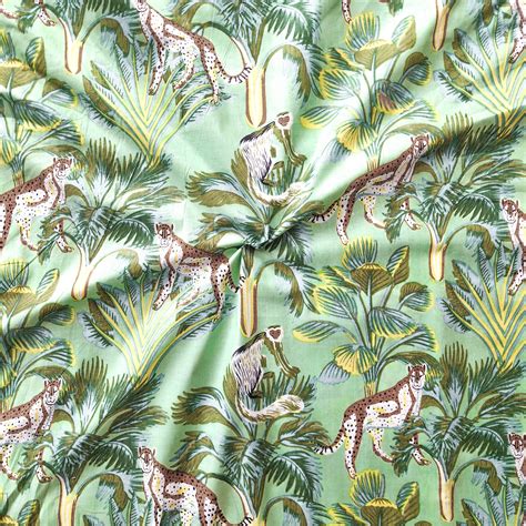 Pure Cotton Screen Print Mint Green Jungle Animals Fabric – Sanskruti