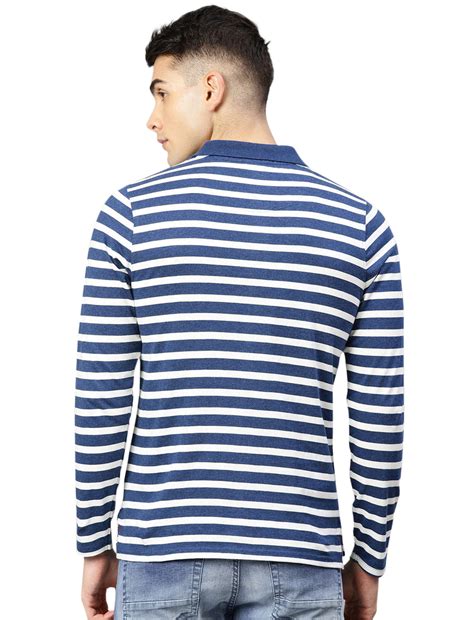 Men's Polo Collar Full Sleeves Yarn Dyed Striped Cotton T-Shirt - Navy ...