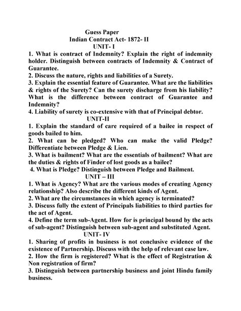 Civul procedure coe - Guess Paper Indian Contract Act- 1872 - II UNIT ...