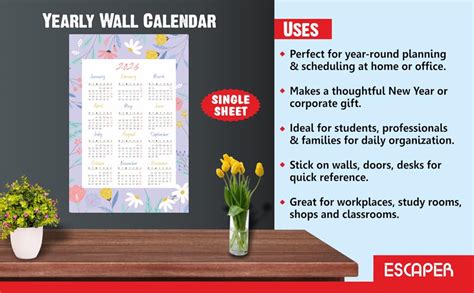 ESCAPER Wall Calendar 2026 – 12 x 18 Inch, Laminated 300 GSM Paper ...