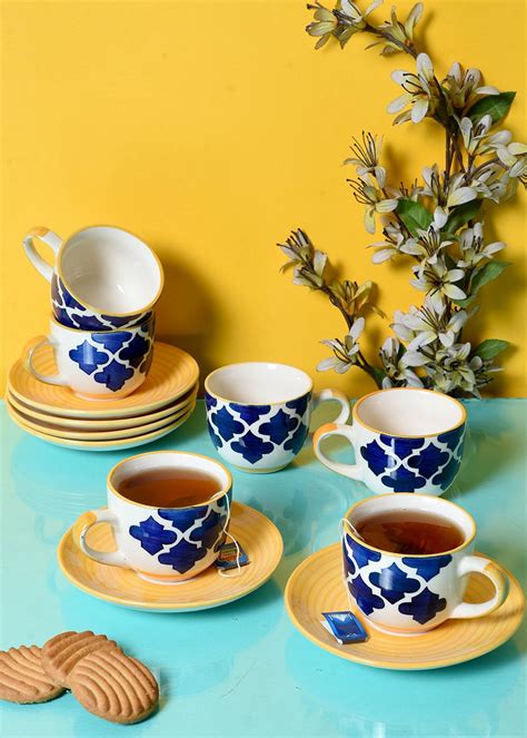 Get Moroccan Handmade Ceramic Cup & Saucer - Set of 6 at ₹ 1099 | LBB Shop